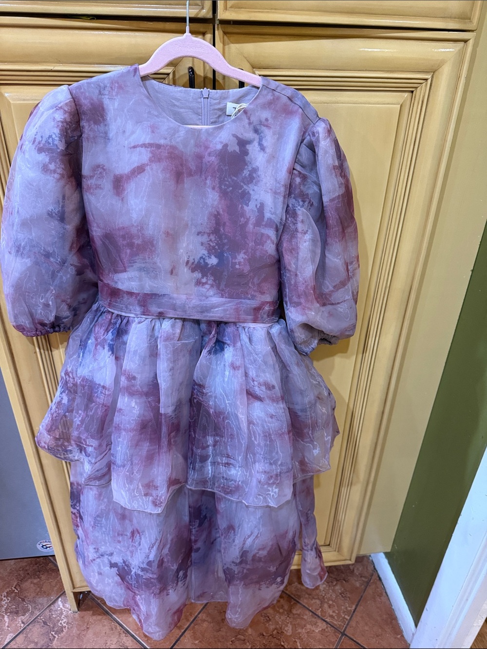 Girls 3/4 Puff-Sleeve Layered Tulle Dress in Dusty Rose with tulle inside dress